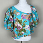Anthropologie Love The Label Top Womens XL Blue Floral Puff Sleeve Asymmetrical Blue Photo 0