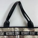 Victoria's Secret black silver sequin striped large tote bag purse zip lined Photo 2
