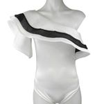 Women's White Black Ruffle Striped One Shoulder Stretch Bodysuit Top Size M Size M Photo 0