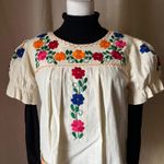 Vintage 60s 70s Cream Mexican Peasant Blouse Floral Embroidered Top S/M Photo 1