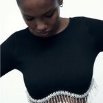 ZARA Jewel Detail Crop Top in black with a rhinestone fringe appliqué NWT Photo 6