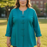 Maggie Barnes  Womens PLUS 2X Linen Aqua Blue Frog Button Mandarin Collar Top Photo 0