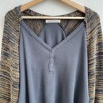Free People Grey Yellow Stripe Sweet Confession Henley Waffle Knit Pullover Photo 4
