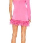 Mac Duggal Feather Trim One-Shoulder Long Sleeve Minidress Candy Pink Size US 4 Photo 1