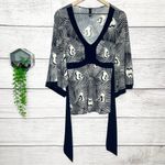 Navy Blue & White Boho Patterned Kimono Tie Back Blouse Top Size Large Photo 1