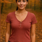 American Eagle  Outfitters Rose Ribbed Cropped Size Large Soft Short Sleeve Top Photo 0