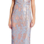 Adrianna Papell  Pleated Foil Dress Size 12 Blue Slate Multi Full Length Maxi Photo 0
