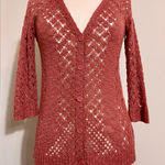 Pink Rose  Sheer Crochet Button Up Cardigan Mocha Umber S Small Photo 0