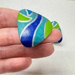 Vintage Blue Green Painted Wood Triangle Earrings Womens 1980s Funky Artsy Photo 1