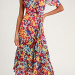 LULUS Radiant Floral Flower Chiffon Ruffles Maxi Dress Ruby Red Size Medium NEW Photo 0