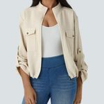 Halara NWT  Stand Collar Roll Tab Inside Drawstring Hem Zip Casual Jacket Photo 0