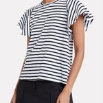 ALC Frank A.L.C. Black White Stripe Ruffle Short Sleeve Carrie Shirt Women's size Medium Photo 0