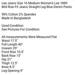 Jeans Size 16 Medium Lee 1889 Mid Rise Fit Jeans Straight Leg Altered Length Altered Hem Blue Denim Pants Photo 7