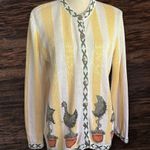 Quacker Factory Butter Yellow Embroidered Character Topiaries Cardigan. SZ S. Photo 0