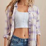 American Eagle  Cream & Purple Oversized Plaid Button Down Shirt Size XL Photo 0