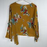 Tolani  XS Silk Blouse Top Yellow Floral Side Tie 3/4 Flare Sleeve Oversized Boxy Photo 8