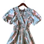 Blue and pink floral jumpsuit puff sleeve shirred Elastic Waist Photo 3