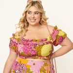 Unique Vintage EUC 3X 20  1970s Pink Yellow Floral Ruffle Crop Top Photo 0