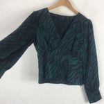 J.Crew  Emerald Green Zebra Satin V Neck Puff Sleeve Blouse Size 6 Animal Print Photo 11