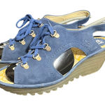 Fly London  Ylva Blue Suede Lace-Up Peeptoe Wedge Sandals Womens 42 US 11 Photo 0