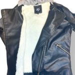 Stylish Black Faux Leather Moto Jacket with Gray Hood Faux Fur Lined Size Small Photo 5