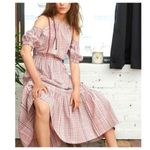 La Vie Rebecca Taylor Cold Shoulder Lurex Plaid Midi Dress Size Small Pink Photo 3