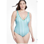 Kona Sol  Size 14W Turquoise Stripe‎ One Piece Swimsuit NEW Adjustable Beach Pool Photo 2