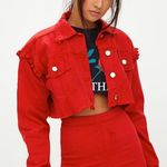 Pretty Little Thing Red Denim Ruffle Crop Jacket Photo 0