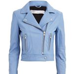 IRO  Women's Hartley Leather Moto Jacket Size 10 In Blue LT Photo 0