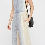 Free People  Cream Blue Wide Leg Woven Thick Cotton Jumpsuit Photo 0