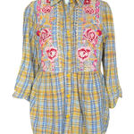 Andree by Unit Andrée by Unit Boho Floral Embroidered Plaid Top Sz‎ L Photo 0