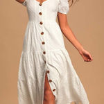 Lulus You're My Home White Eyelet Lace Button Front Tiered Midi Dress Medium NWT Photo 0