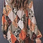 NEW Patchwork Print Mixed Boho Floral Tunic Length Lantern Sleeve Blouse Photo 3