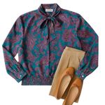 Alfred Dunner Satin Green Purple Paisley Print Bow Tie Blouse Vintage Size 8 EUC Photo 0