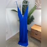 Aidan Mattox Azure Blue V-Neck Satin Halter Bias Draped Gown Dress Photo 4