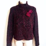 Doncaster Vintage Textured Floral Zip Front Cardigan Sweater Black Pink Large Photo 4