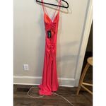 La Femme ‎ PROM 30444 In Hot Coral Ruched Draped Neckline Lace Up Strappy Back Photo 4
