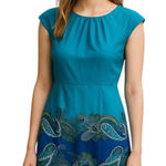 Venus Scallop Neck Sheath Midi Dress Teal Paisley Cap Sleeve Size 4 Professional Photo 0