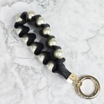 None Black Faux Leather Pearl Accent Circle Clip Hook Wristlet Keychain Photo 0