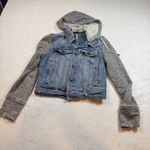 Free People Women's Denim Jacket with Gray Hoodie and Sleeves XS Distressed Photo 1