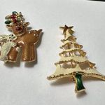 Lot Of 2 Christmas Holiday Brooch Pins Christmas Tree / Reindeer With Rabbit Gold Photo 0