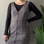 Love Tree Pinafore Plaid Black White mini Dress Full Zip Front Circle Zipper EUC Photo 0