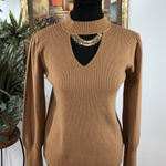 AZ Women’s Tan Cutout Sweater Long Sleeve Ribbed Knit Viscose Blend Small Preppy Size M Photo 0