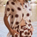 Little Lies Cream & Brown Sunny Linen Button Down Shirt S Photo 0