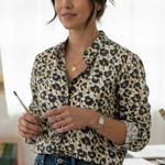 CAbi  Shacket Womens S White Yellow Cheetah Print Puff Sleeve Mandarin Artsy Photo 0