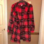 PINK - Victoria's Secret Victoria’s Secret Pink Plaid‎ Dog Print Plush Fuzzy Robe Red Black XS/S Photo 1