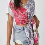 Free People  Knot Me Floral Geometric Scarf Mix Media Tie-Front Blouse Top L Photo 0