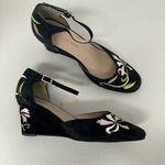 Newport News  Black Suede Floral Embroidered Wedge Sandals Womens 8.5 Ankle Strap Photo 0