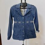 Free People  Women’s Blue Cotton Short Coat Size 2 Striped Belt Plaid Lining EUC Photo 1