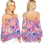 Lilly Pulitzer Sanilla Silk Off The Shoulder Top XXS Pink Fusion Butterfly Neon Photo 2